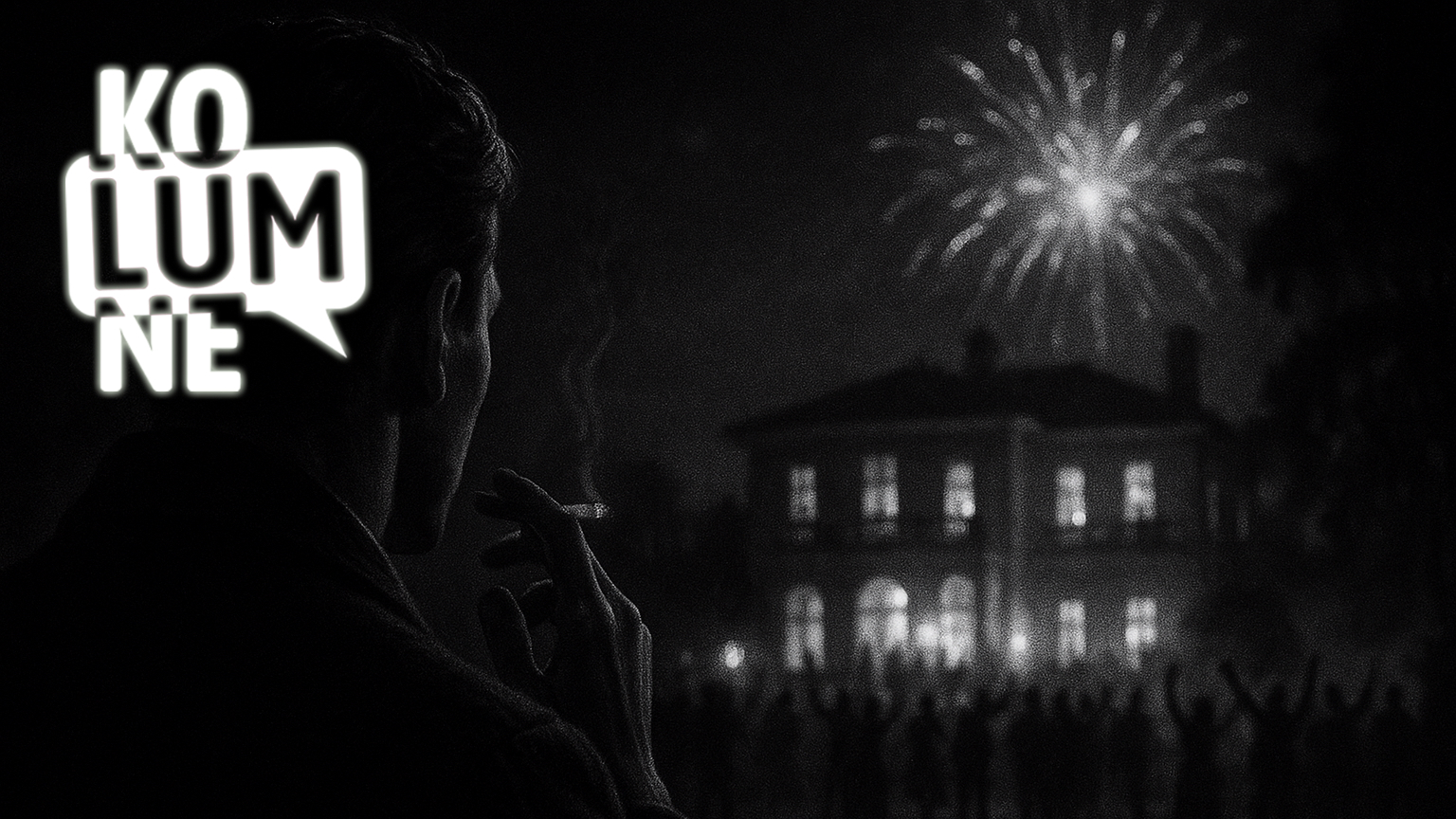 Ein Bild in fast schwarzen Tönen wie jemand mit einer Zigarette auf ein großes Haus schaut, über dem ein Feuerwerk ist.