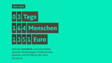 Texttafel mit Countdown: Noch 3 Tage, 164 Menschen und 1.351 Euro.