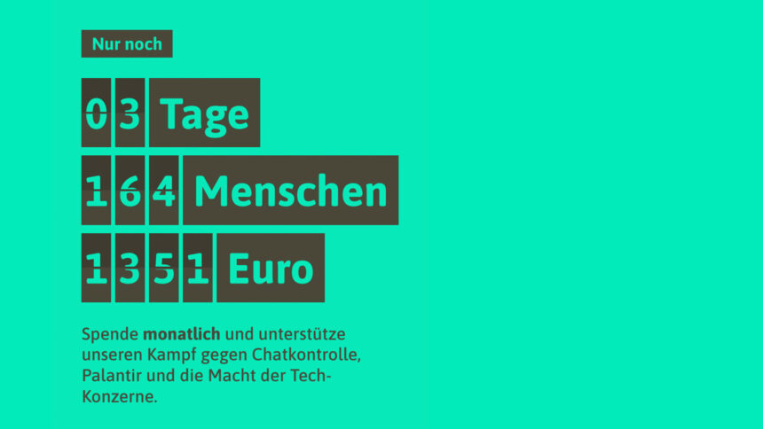 Texttafel mit Countdown: Noch 3 Tage, 164 Menschen und 1.351 Euro.