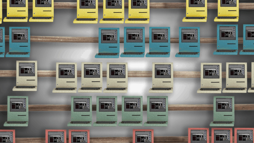 Abakus; statt der Steine sitzen kleine Computer in unterschiedlichen Farben auf den Schienen