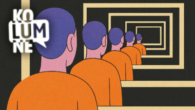 Eine Illustration zeigt eine Figur, die sich falsch in mehreren aufeinanderfolgenden Spiegeln spiegelt