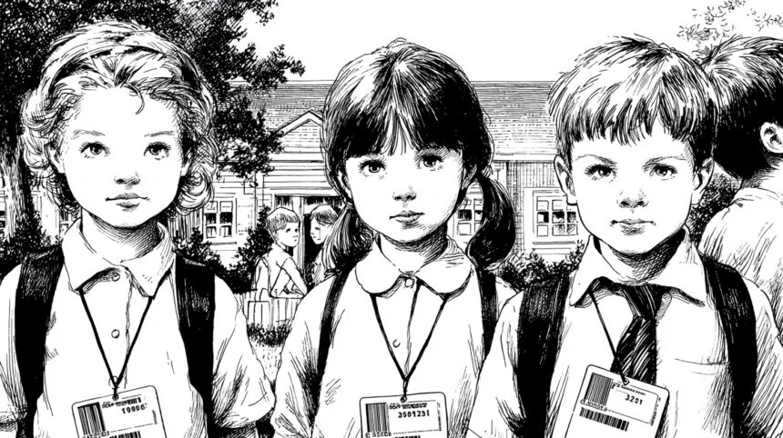 Illusrration von Schülern:innen, die einen Ausweis mit eine Barcode um den Hals hängen haben.