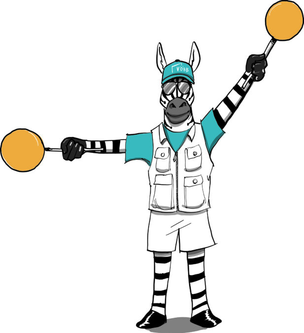 Illustration eines Zebras, das Outfit und Kellen eines Einweisers auf dem Flughafen-Rollfeld trägt.