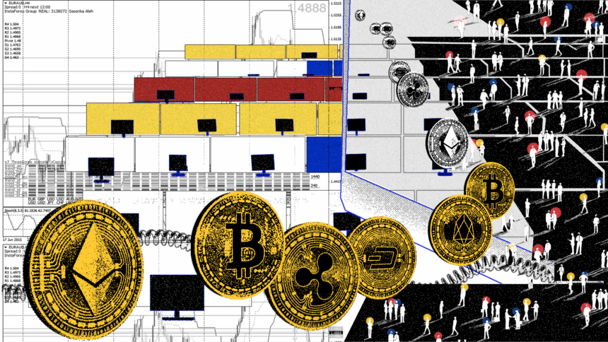 Collage, zu sehen sind Trading-Kurse, Krypto-Coins und Menschen.