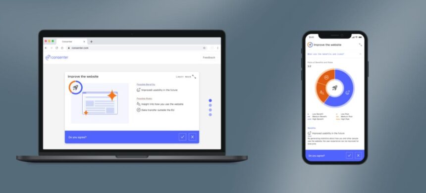 Ein Laptop und Smartphone mit Beispielgrafiken in blau, weiß und orange