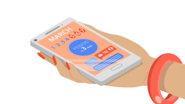 Illustration einer Hand, die ein Handy hält, welches eine Zyklus-App geöffnet hat.