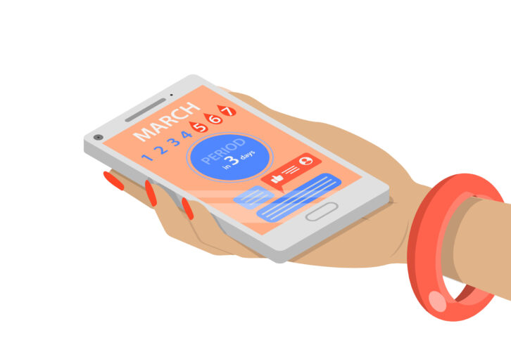 Illustration einer Hand, die ein Handy hält, welches eine Zyklus-App geöffnet hat.
