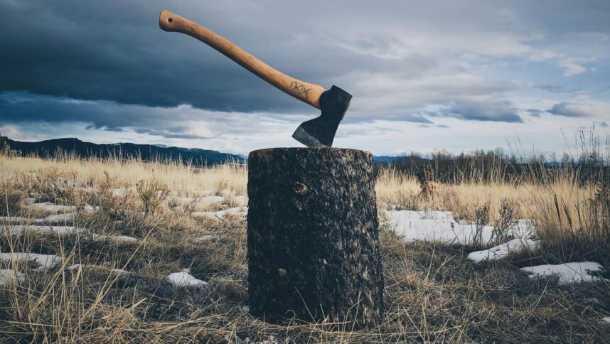 Foto einer Axt auf einem Holzklotz, im Hintergrund karge Landschaft und dunkle Wolken