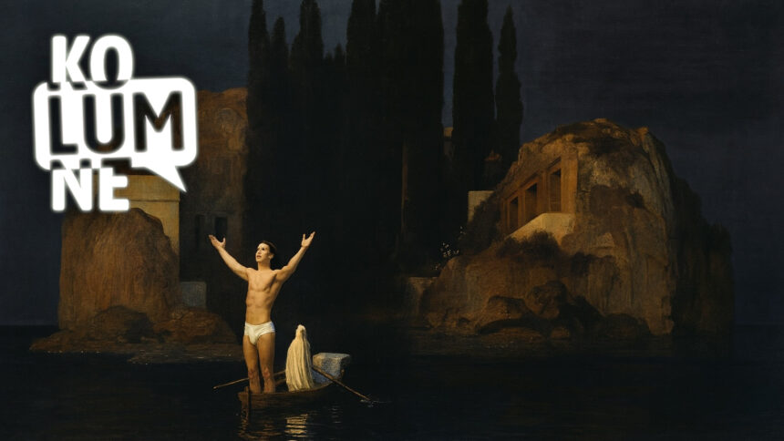 Ein düsteres Gemälde zeigt eine Insel, ein Boot, darauf ein Mann nur mit Lendenschurz bekleidet, der prophetisch die Arme hebt.