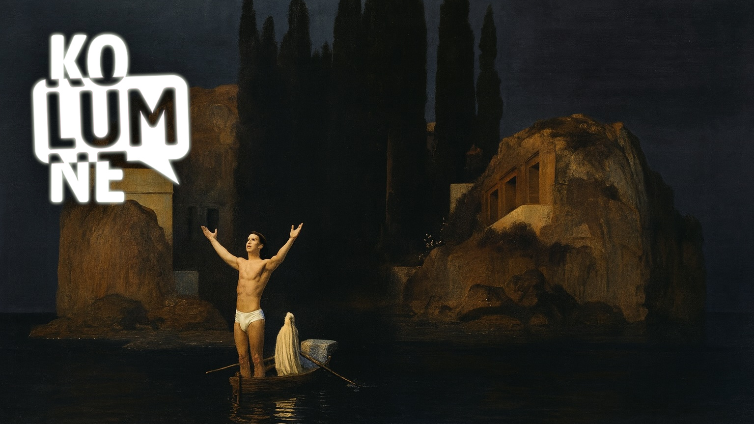 Ein düsteres Gemälde zeigt eine Insel, ein Boot, darauf ein Mann nur mit Lendenschurz bekleidet, der prophetisch die Arme hebt.