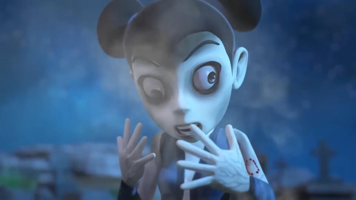 Eine animierte Figur wird zum Zombie und wirkt entsetzt.