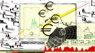 Collage aus Eurozeichen, Trading-Kursen und vielen kleinen Figuren