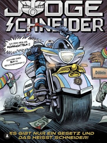 Das Bild ist eine Comiczeichnung, die einen Polizisten auf einem Motorrad zeigt. Der Titel des Comics ist