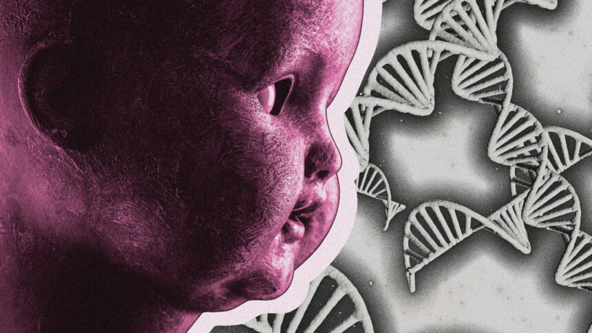 Im Vordergrund Puppenkopf, pink eingefärbt, im Hintergrund DNA-Strang-Symbole