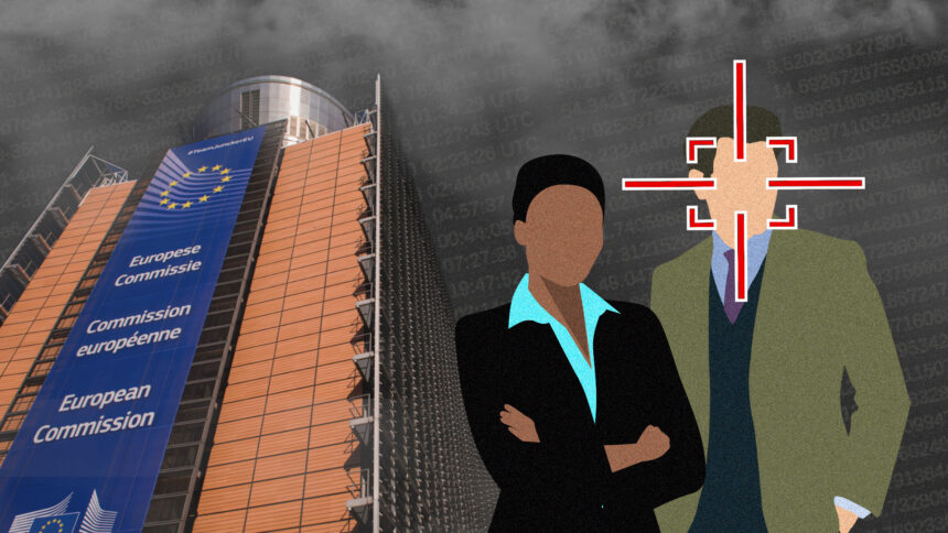 The EU Commission building. Two people in business attire. A crosshair is superimposed over one person's face.