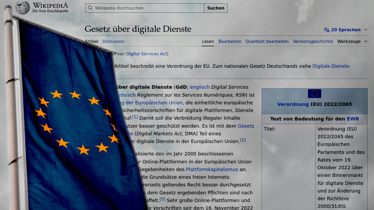 Im Hintergrund der Wikipedia-Artikel zum DSA, im Vordergrund eine EU-Flagge