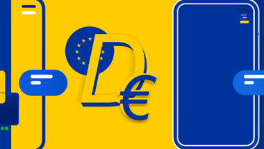 Illustration in blau-gelb mit Smartphone und D€-Zeichen