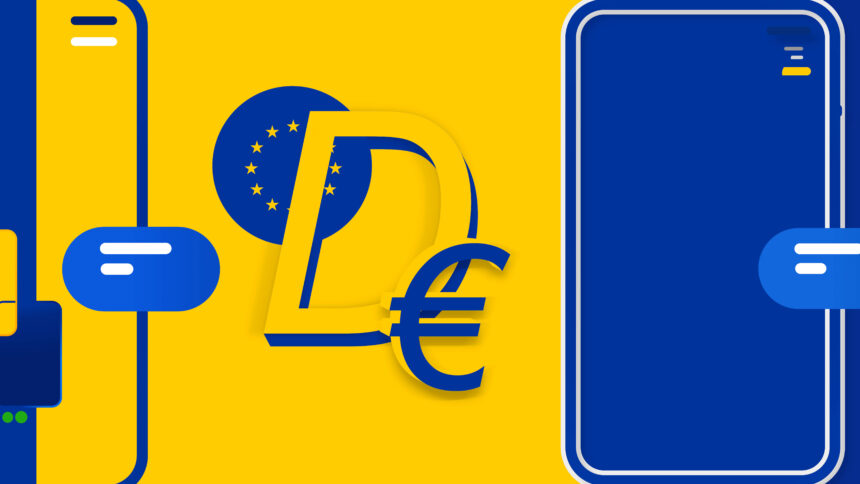 Illustration in blau-gelb mit Smartphone und D€-Zeichen