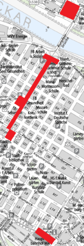 Eine Karte von Mannheim mit rot markierten Arealen: Willy-Brandt-Platz, Paradeplatz, Kurpfalzstraße, Marktplatz, Alter Messplatz.