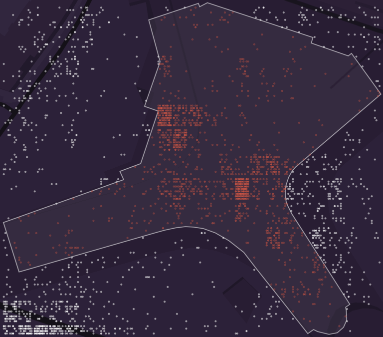 Eine Karte zeigt den Umriss des Gebäudes der EU-Kommission in Brüssel. Rote Punkte zeigen Handy-Ortungen innerhalb der Mauern des Gebäudes, weiße Punkte außerhalb.
