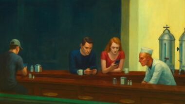 Ein Bild auf Basis von "Nighthawks" von Hopper, aber die Menschen an der Bar haben Smartphones in der Hand.