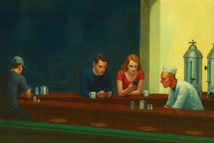 Ein Bild auf Basis von "Nighthawks" von Hopper, aber die Menschen an der Bar haben Smartphones in der Hand.