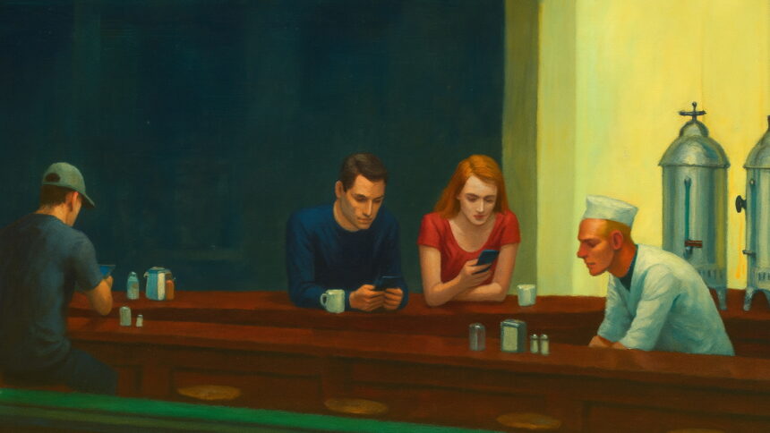Ein Bild auf Basis von "Nighthawks" von Hopper, aber die Menschen an der Bar haben Smartphones in der Hand.