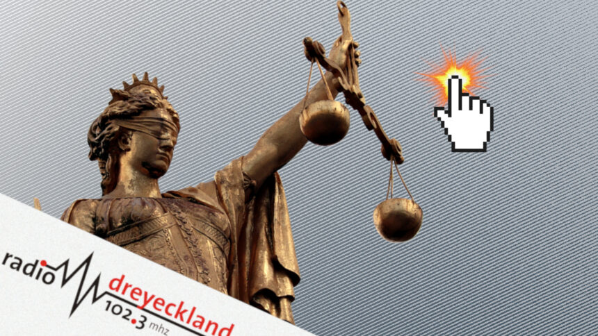 Justitia und ein klickender Mauszeiger in einer Collage.