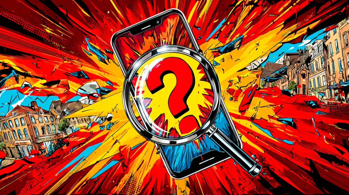 Prompt: Magnifying glass looks at screen smartphone, big question mark background, comic-style --chaos 35 --ar 16:9 --stylize 350 --weird 400