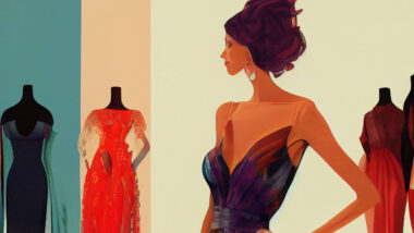 Das illustrierte Bild zeigt eine dünne Frau, wie sie in einem lila Abendkleid posiert.