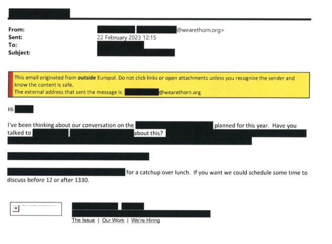 Mail von Thorn an Europol, der Großteil ist geschwärzt