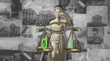 Justizia-Figur, in der einen Waagschale liegt eine 1, in der anderen eine 0