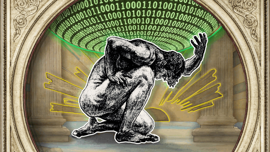 der Titan Atlas, der auf seinen Schultern den Kosmos aus 0 und 1 trägt; im Hintergrund eine aufgehende Sonne; ein goldener Rahmen umfasst das Bild