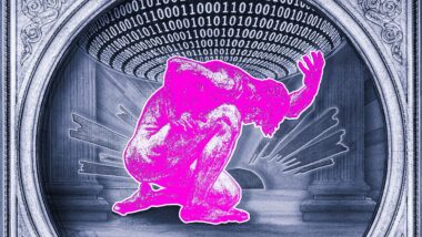 der Titan Atlas, der auf seinen Schultern den Kosmos aus 0 und 1 trägt; im Hintergrund eine aufgehende Sonne; ein goldener Rahmen umfasst das Bild