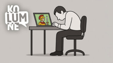Eine Illustration zeigt einen gebeugten Menschen vor einem Laptop auf dem ein Römer mit gezücktem Schwert zu sehen ist.