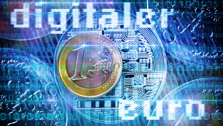 1-Euro-Münze und symbolbildhaftes Digitalgedöns mit Halbleitern im Hintergrund