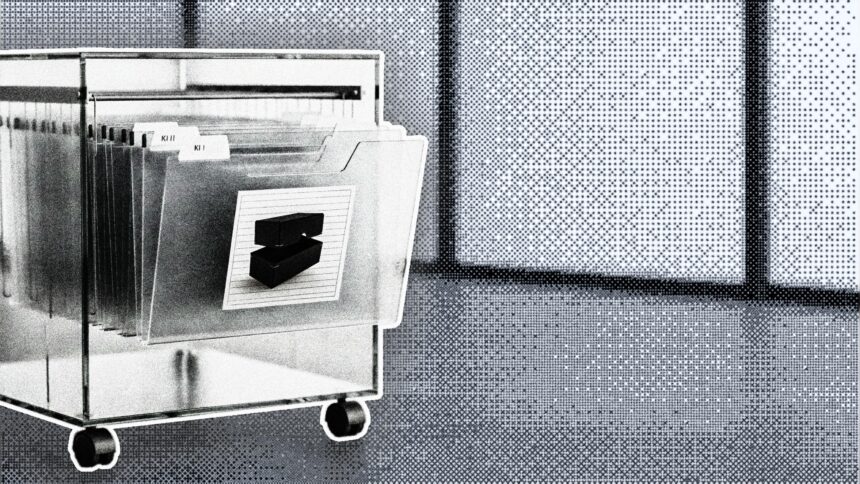 transparenter Rollcontainer mit Hängeregister, auf den Mappen sind schwarze Boxen abgebildet