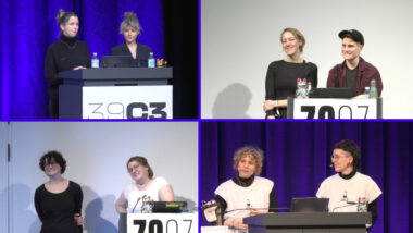 Vier Screenshots zeigen die Vortragenden der vier im Artikel besprochenen Talks.