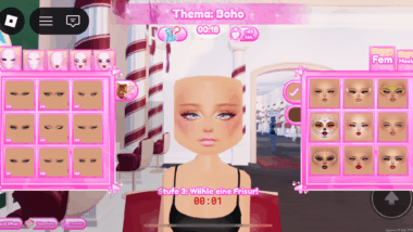 Eine Computerspielfigur einer Frau mit Auswahl verschiedener Gesichts-Attribute