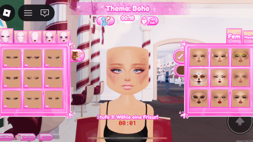 Eine Computerspielfigur einer Frau mit Auswahl verschiedener Gesichts-Attribute