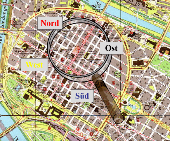 Die Illustration einer Lupe über einer Karte der Mannheimer Innenstadt.