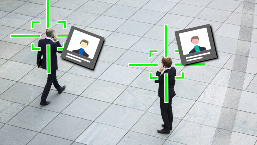 Zwei Business-Männer telefonieren auf einem öffentlichen Platz. Grüne Fadenkreuze haben sie ins Visier genommen. Daneben sind digitale Steckbriefe zu sehen.