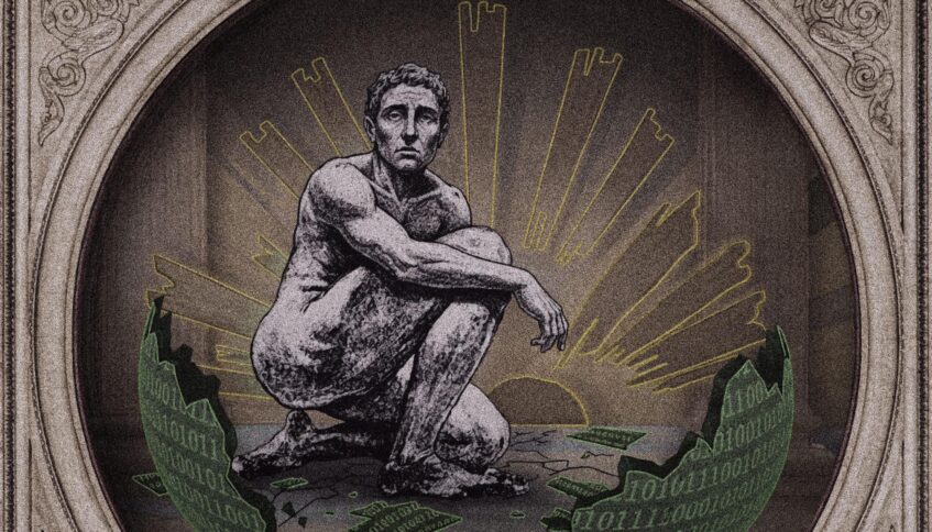 der Titan Atlas hockt und guckt in die Kamera, der Kosmos aus Nullen und Einsen liegt in Scherben vor ihm