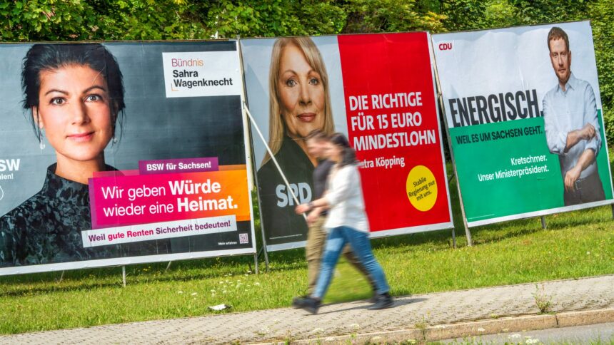 Wahlplakate von Sahra Wagenknecht, BSW, Petra Köpping, SPD, und von Ministerpräsident Michael Kretschmer, CDU, auf einer grünen Wiese,