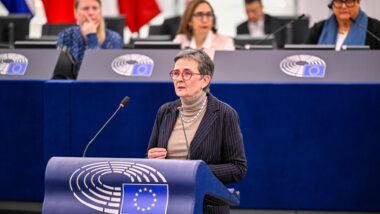 Frau spricht in Parlament