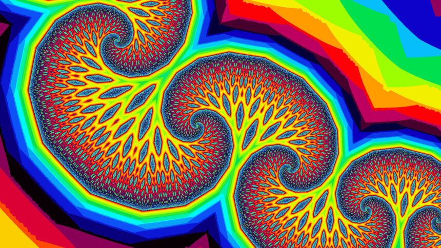 Bunte, abstrakte Grafik mit geschwungenen, spiralförmigen Mustern, die von feinen, verzweigten Linien durchzogen sind. Die Formen sind von mehreren, kontrastreichen Farbringen umgeben, die von Rot über Gelb, Grün und Blau bis zu Violett reichen. Die Komposition wirkt dynamisch und erinnert an ein Fraktalmuster.