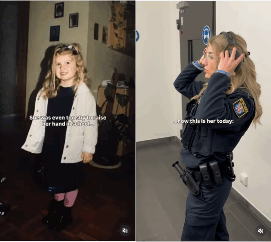 In der linken Bildhälfte ist ein etwa 8 Jahre altes Mädchen zu sehen, in der rechten Bildhälfte dieselbe Person im Erwachsenenalter in Polizeiuniform.