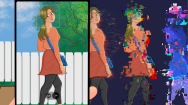 Eine Illustration zeigt, wie eine spazierende Frau per Smartphone gefilmt wird. Kopien der Aufnahme mit Glitch-Optik illustrieren die spätere Verarbeitung.