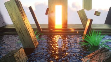 Ein Astronaut, der im flachen Wasser steht, dahinter ein hell erleuchtetes Tor.