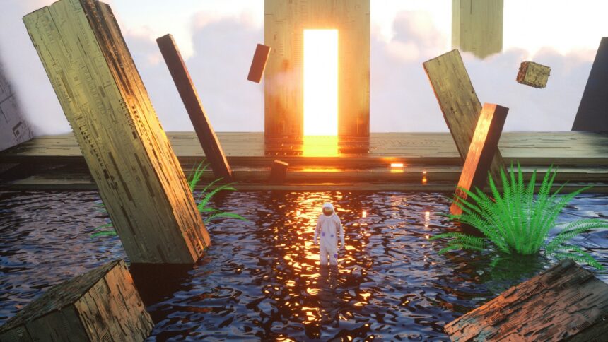 Ein Astronaut, der im flachen Wasser steht, dahinter ein hell erleuchtetes Tor.